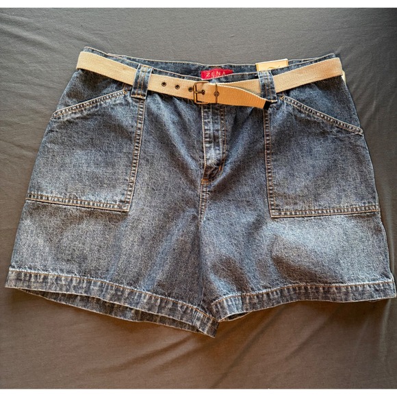 Zena Denim Jeans Pants - Zena Denim Jeans Womens High Waisted Jean Shorts Medium Wash Belted Size 16 NWT